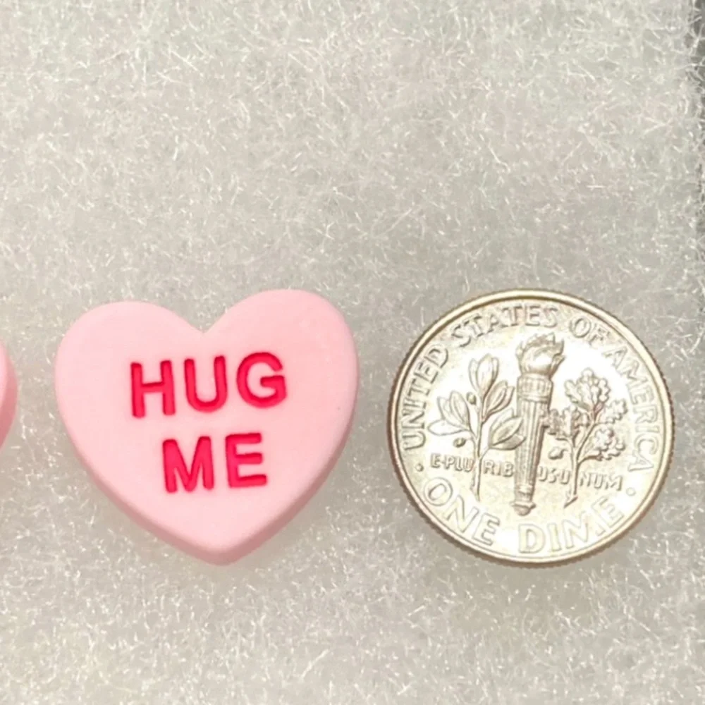Pink Hug Me Heart Valentines Day Sweethearts Silver Toned Stud Earrings - Picture 3 of 3